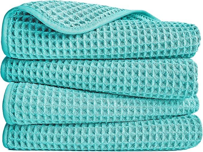 POLYTE Microfiber Lint Free Hand Towel, 16 x 30 in, 4 Pack (Aqua, Waffle Weave)