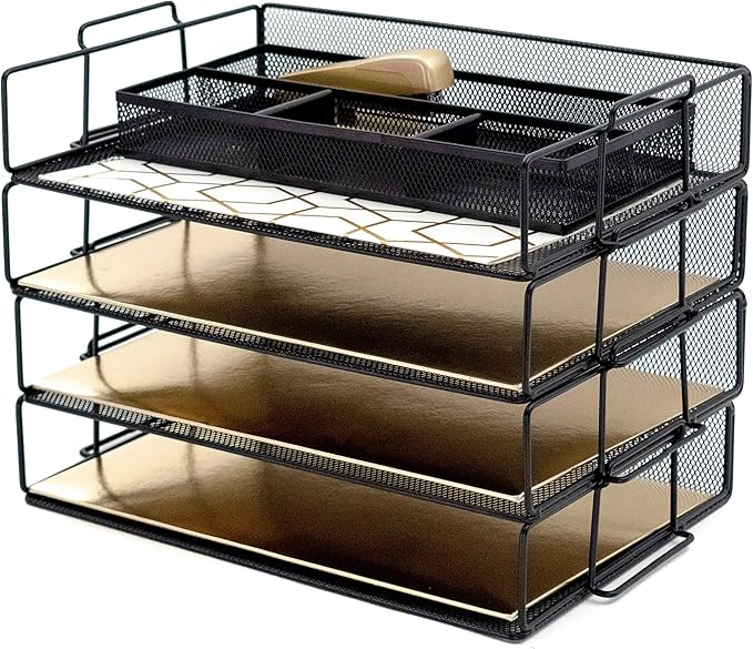 Blu Monaco Desk Organizers - 4-Tier Stackable Paper Tray - Black Metal Mesh Letter Tray File Holder Organizer