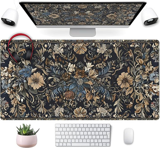 Vintage Floral Desk Mat Blue Wildflowers Mouse Pad Cottagecore Mousepad, XXL Large Extended Gaming Desk Matt for Desktop, Laptop Keyboard Mouse Mat for Women Office Decor Accessories, 31.5x15.75 in