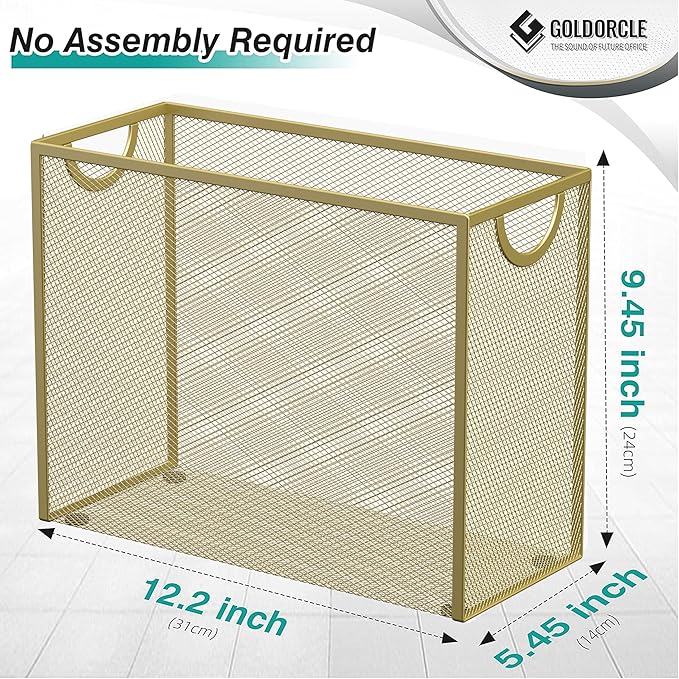Hanging File Organizer, Letter-size File Holder Filing Box with 5 Hanging Folders, Metal Mesh Desk File Folder Storage(No Assembly Required)