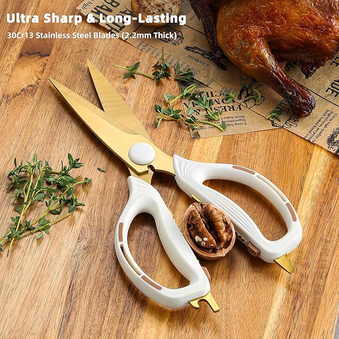 Kitchen Shears Scissors Food Scissors, 8-in-1 Multifunction Japanese Stainless Steel Meat Shears, Dishwasher Safe Sharp Shear All Purpose with Comfort Grip, Ideal for Everyday Use-White