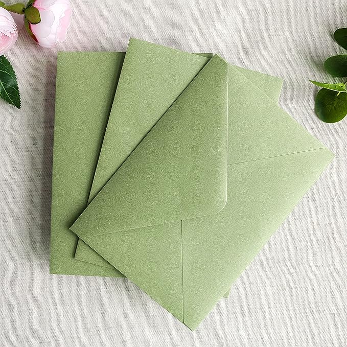 PONATIA 50 PCS/Pack A7 Envelopes, 5.25 x 7.48'' Sage Green Envelopes For 5 x 7'' Weddings Invitation Cards, Christmas Gift Cards, Acrylic Invitations, Photos and Any 5x7 Inserts