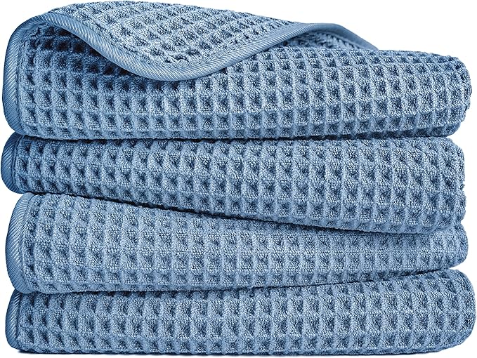 POLYTE Microfiber Lint Free Hand Towel, 16 x 30 in, 4 Pack (Blue, Waffle Weave)