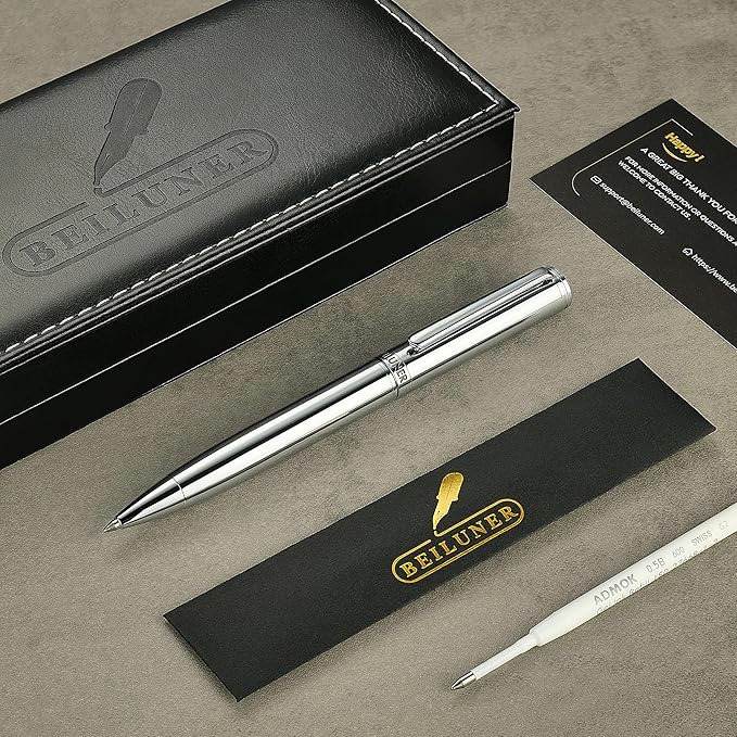 BEILUNER Silver Gel Pen - Luxury Featuring Bright Chrome Finishes, Black Ink Refill, Best Pen Gift Set for Men & Women, Business Signature, Executive, Office Retractable,Nice Fancy Designer Pens