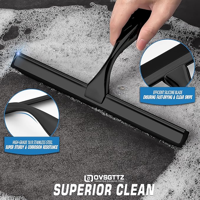 OVSGTTZ Stainless Steel Shower Squeegee for Glass, Includes 3 Adhesive Hooks, Shower Door Squeegee for Bathroom, Household Window, Car Windshield, Mirrors, Tiles Scrubber Clear, 12 inch Black