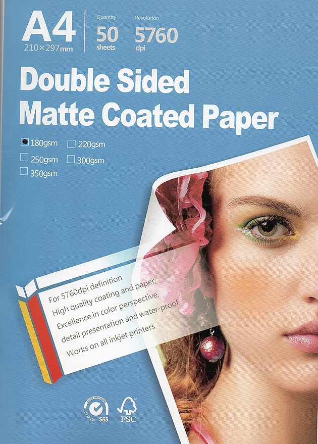 Best Double sided matte Inkjet Printing Photo Paper 8.3"x11.7" A4 Size 50 sheets weight 180gsm for All Inkjet Printers