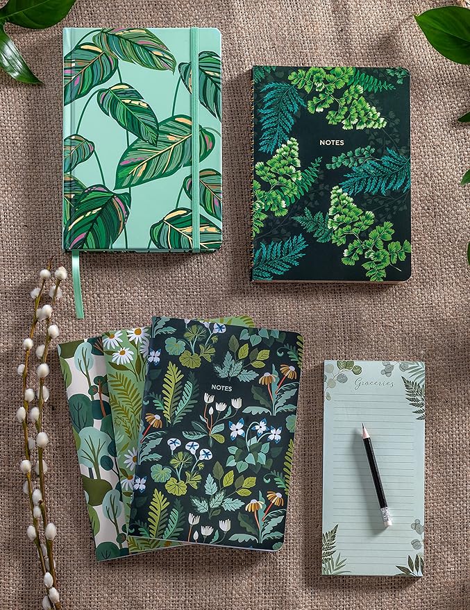 High Note Greenery Non-Dated Journal Notebook, 6" x 8.5" Lined Botanical Softcover Notebook with Gold Foil Accents, 183 Pages, Elastic Band and Ribbon Bookmark