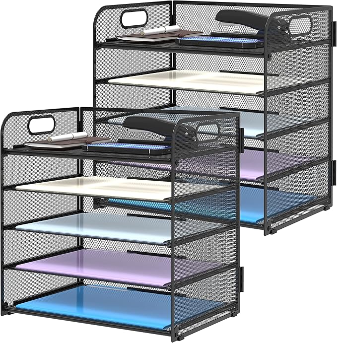 2 Pack 5-Tier Desk Organizer with Handle Mesh Desk File/Paper Organizer Letter Tray for Office, School and Home Easy Installation, Black