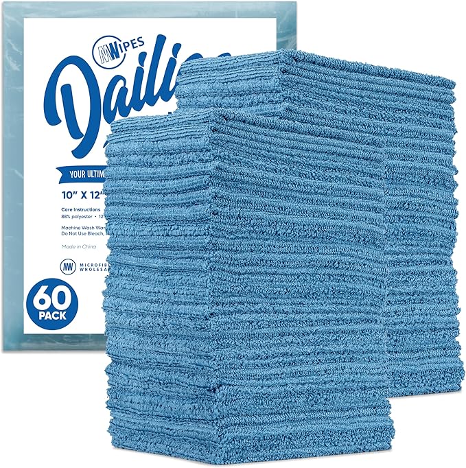 Microfiber Wholesale Dailies Microfiber Cleaning Cloths | 60-Pack (Blue) 12"x10" | Fits TowelNest Dispenser | Reusable, Absorbent, Washable | Eco-Friendly Paper Towel Alternative