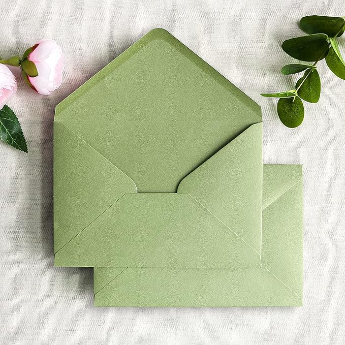 PONATIA 50 PCS/Pack A7 Envelopes, 5.25 x 7.48'' Sage Green Envelopes For 5 x 7'' Weddings Invitation Cards, Christmas Gift Cards, Acrylic Invitations, Photos and Any 5x7 Inserts