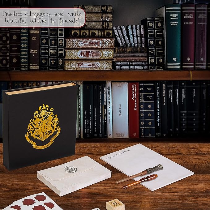 Harry Potter Calligraphy Set with Notepad Wand Pen Magic Invisible Ink Pen Envelopes Paper Cool Stickers Ink Stamp Fun Hogwarts Stationary Gift for Kids