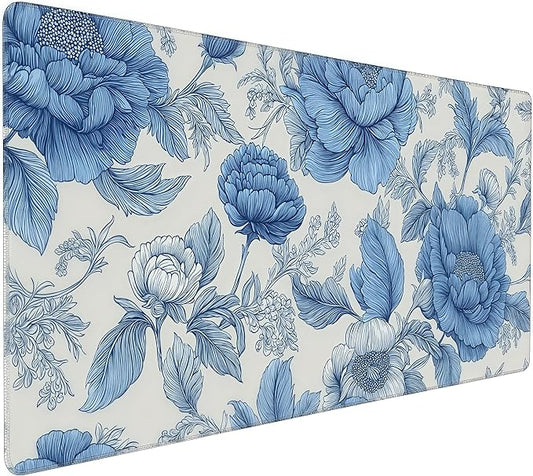 Blue Chinoiserie Mouse Pad,Blue and White Floral Desk Mat, XXL Large Floral Preppy Trendy Mouse Pad,Girly Gaming Mousepad,Girly Laptop Desk Mat for Dorm Home Office, 35.4 x 15.8 inches