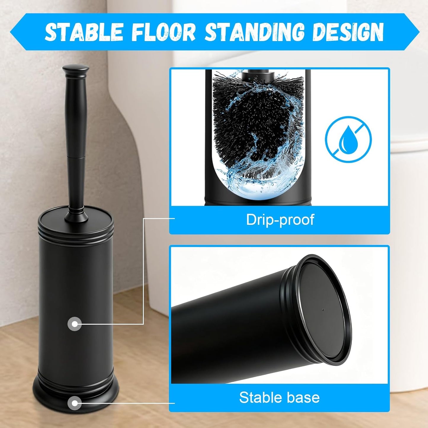 Plastic Toilet Brush, Toilet Brush and Holder Set with Long Handle, Covered Holder and Hard Bristles, Toilet Cleaner Brush for Bathroom and Toilet Cleaning